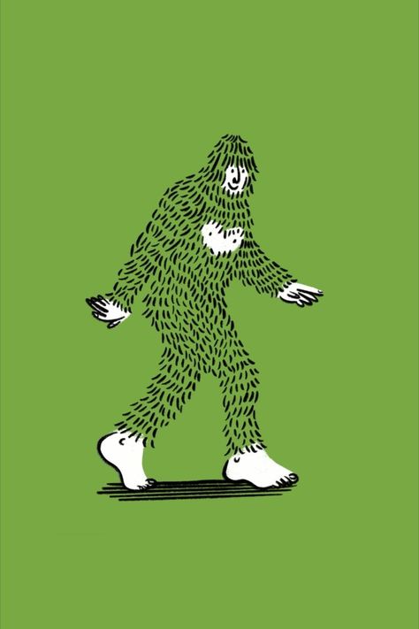 Black and white cartoon character of bigfoot on a green background. Foot Illustration, Bigfoot Illustration, Energy Illustration, Farm Mural, Baby Grinch, Graphic Elements, Art Block, Game Design, Creative Professional