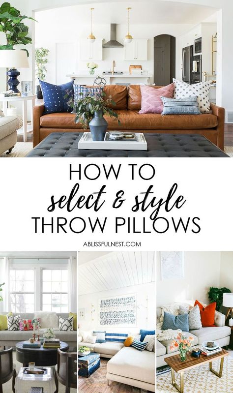 Learn how to select and style throw pillows for your home with these designer tips! https:ablissfulnest.com/ #designertips #homedecorideas #livingroom #livingroomideas #homedecorating Living Room Ideas Bright, Room Ideas Bright, Interior Design Bloggers, Throw Pillows Bedroom, Throw Pillow Styling, White Throw Pillows, Pillow Styling, Decorating Small Spaces, Living Room Ideas