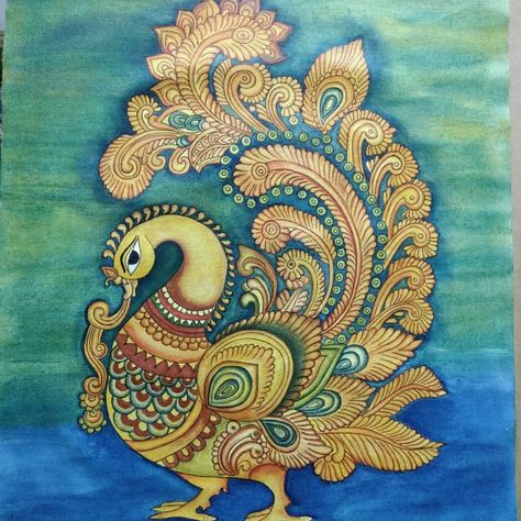 Peacock Kerala Mural Painting, Kalamkari Peacock Paintings, Kerala Mural Peacock, Mural Art Peacock, Kalamkari Peacock Designs, Peacock Mural Painting, Swan Rangoli, Kerala Painting, Peacock Mural