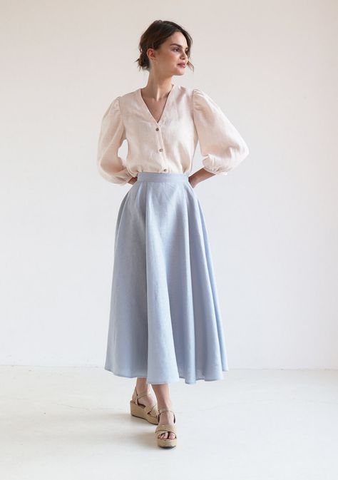 Half circle linen skirt Emilia 3 Long Flowy Skirt Outfit, Korean Skirt Outfits, Flowy Skirt Outfit, Linen Skirt Outfit, Long Circle Skirt, Good Morning Routine, Circle Skirt Outfits, Morning Routine Ideas, Skirt Outfit Fall