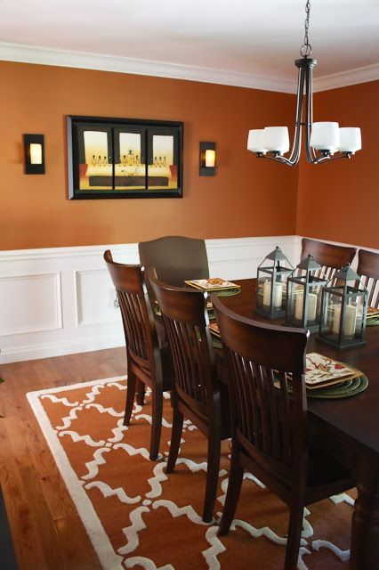 Eager to freshen up your home's look and feel? Check out these trending interior colors that are going to be popular this year. Dark Orange Dining Room, Honey Colored Walls, Brown Kitchen Ideas Paint Wall Colors, Burnt Orange Hallway, Dark Orange Walls, Cinnamon Walls, Kitchen Dining Room Paint Colors, Brown Dining Room Ideas, Burnt Orange Dining Room