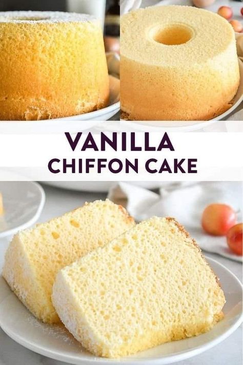 VANILLA CHIFFON CAKE Vanilla Chiffon Cake Recipe, Vanilla Chiffon Cake, Sweet Dee, Ogura Cake, Bolo Chiffon, Madeira Cake, Cake Frosting Recipe, Chantilly Cream, Light Cakes