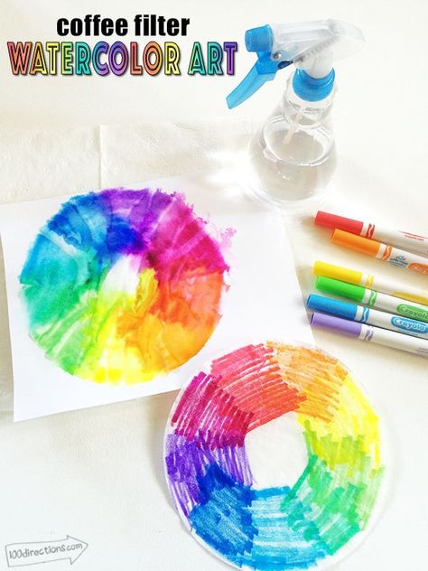 Kids love to paint right? But have you tried making watercolor art with coffee filters? It's not watercolor painting at all but it's bright colors and beautiful blends. The kids will want to create art for hours! Instead of grabbing the watercolor paints, pick up a pack of water-based markers and some coffee filters and … Watercolor Art For Kids, Art With Coffee, Watercolor Art Kids, Coffee Filter Art, Colorful Art Projects, Coffee Filter Crafts, Elementary Art Projects, Kindergarten Art, Watercolor Paints