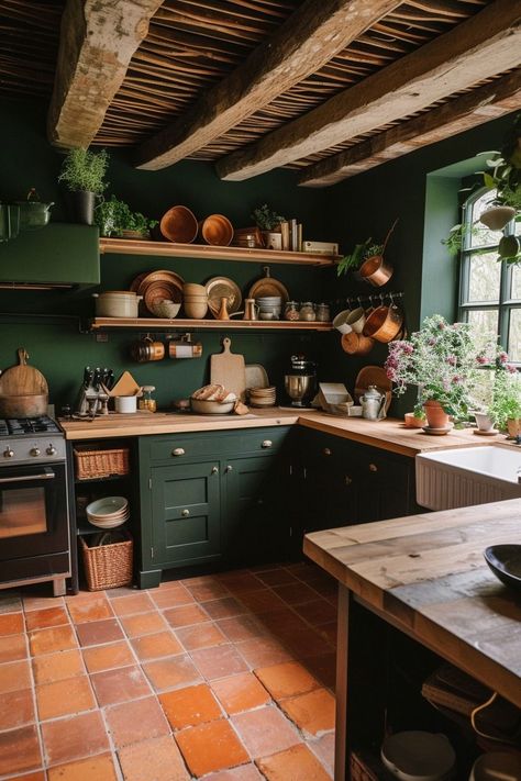 Character Home Kitchen, Rustic Dark Green Kitchen, Green Tile Floor Kitchen, Earthy Home Kitchen, Vintage Kitchen Small, Home Decor Ideas Kitchen Modern, Moody Farmhouse Kitchen, Farmhouse Bathroom Floor Ideas, Earthy Kitchen Decor