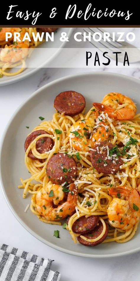 This prawn and chorizo pasta is ready in less than 20 mins. This easy pasta recipe is perfect for family dinner or weeknight dinner. Prawn Chorizo Pasta, Prawn And Chorizo Pasta, Prawn Recipes Pasta, Prawn Dinner Recipes, Chorizo Spaghetti, Prawn Pasta Recipe, Prawn And Chorizo, Chorizo Pasta Recipes, Chicken Fried Rice Recipe Easy