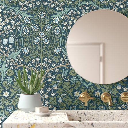 Lark Manor Adaryll Victorian Garden 18' L x 20.9" W Peel and Stick Wallpaper Roll | Wayfair Bathroom Wallpaper Accent Wall, Hood Canal, Victorian Garden, W Wallpaper, Prussian Blue, Peel Stick Wallpaper, Bathroom Wallpaper, Room Wallpaper, Damask Pattern