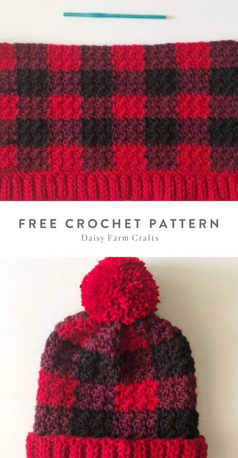 Crochet Plaid Beanie, Buffalo Plaid Crochet Hat, Buffalo Plaid Crochet Hat Pattern Free, Plaid Crochet Hat, Checked Crochet, Check Crochet, Picot Crochet, Crochet Plaid, Daisy Farm Crafts