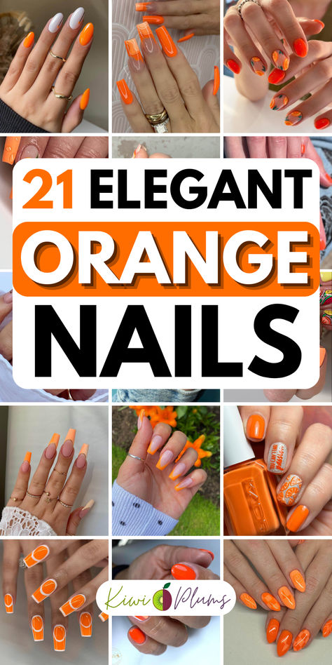 Orange nails are a bold and vibrant choice. Explore our bright orange nail designs, matte orange nail ideas, and the ever-popular neon orange nail art. Try our pastel orange nails or orange glitter nails. Transition into fall with burnt orange nails or celebrate Halloween with orange and black nails. Our orange ombre nails and orange French tip nails offer a modern twist on classic styles. Whether you prefer orange gel nails or quick orange nail polish ideas, we have something for everyone. Sun Orange Nails, Orange And Black Nails Ideas, Orange Summer Nails 2024, Orange Nail Design Ideas, Bright Orange Nail Designs, Orange Vacation Nails, Matte Orange Nail, Short Orange Nail Designs, Orange Gel Nail Designs