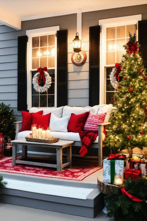 Create an inviting spot to enjoy chilly evenings with these cozy Christmas porch seating ideas. Discover how to blend comfort and style for the perfect holiday nook. Front Porch Bench Christmas Decor, Christmas Front Porch Pillows, Christmas Bench Ideas Front Porches, Porch Bench Christmas Decor, Christmas Front Porch With Bench, Front Porch Seating, Porch Bench, Christmas Front Porch, Front Porch Christmas Decor