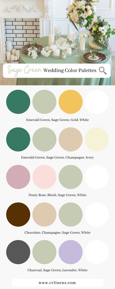 Sage Summer Wedding Colors, Sage Green Wedding Colour Scheme, Wedding Theme Colors Sage Green, Sage Green Colour Palette Wedding, Sage Green And Gold Palette, Pistachio Wedding Colors, Sage Green Wedding Palette Color Pallets, Emerald Wedding Theme Color Schemes, Color That Go With Sage Green