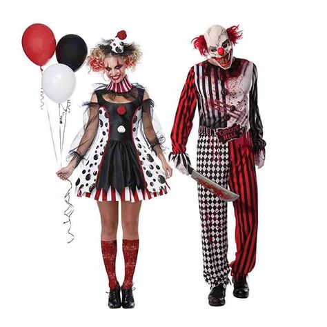 Halloween Costumes Clown, Best Couples Halloween Costumes, Couples Fancy Dress, Scary Couples Halloween Costumes, Halloween Costumes Women Scary, Easy Couple Halloween Costumes, Couples Costumes Creative, Clown Costumes, Funny Couple Costumes