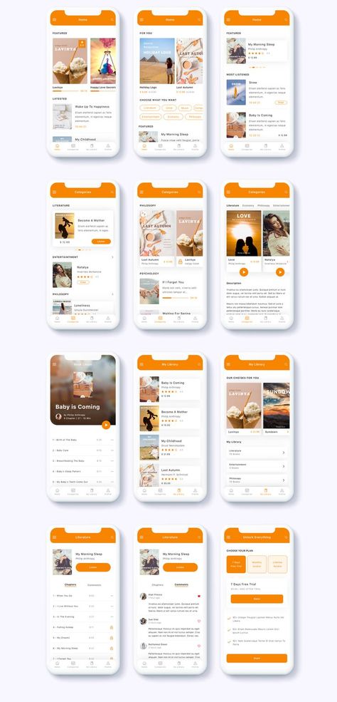 Meron - e-Book and Audio Book App UI Kit High quality e-Book & Audio Book App UI Kit designed for Sketch & Figma and Adobe XD., #Audio, #App, #UI, #Kit Book App Ui, 15 Themes, Library App, Mobile App Design Inspiration, Booking App, Audio Book, App Design Inspiration, Dark Mode, Mobile App Ui