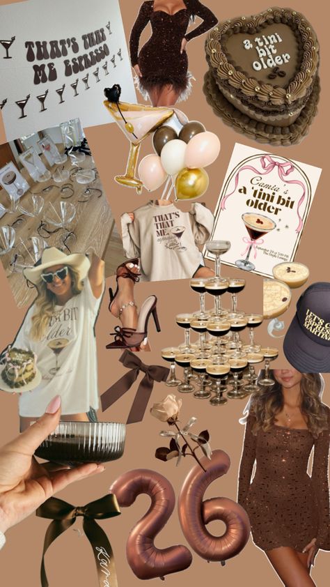 Brown, espresso, party inspiration, martini Espresso Martini Party Outfit, Expresso Martini Birthday Theme, A Tiny Bit Older Birthday Theme, 26th Birthday Decoration Ideas, Espresso Martini Bar Set Up, 24th Bday Ideas, Espresso Theme Party, A Toni Bit Older, Espresso Tini Bit Older Party