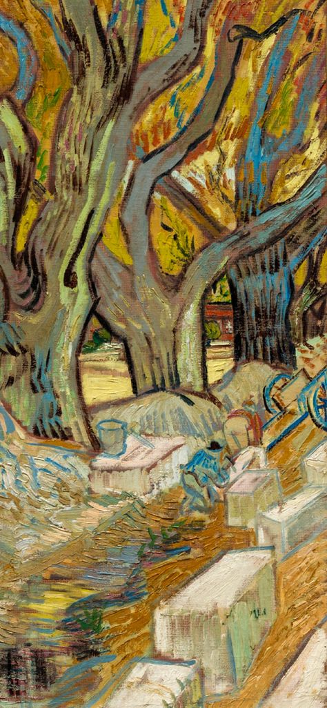 Large plane trees (Road workers in Saint-Rémy) 1889 -Detail- #VincentVanGogh #Impressionism Road Workers, The Asylum, French Paintings, Van Gogh Museum, Art Van, Cleveland Museum Of Art, Van Gogh Paintings, Van Gogh Art, Art Organization