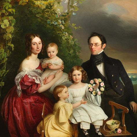 "Portrait of Ferdinand Bergmüller and His Family," 1845 -- by Franz Schrotzberg (Austrian, 1811–1889) Era Victoria, Family Portrait Painting, Victorian Portraits, Charles James, Old Portraits, 19th Century Art, Family Painting, Historical Painting, Historical Period