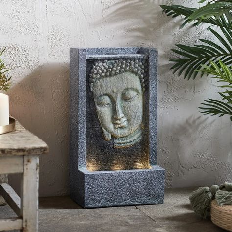 Light Up Buddha Water Feature | Lights4fun.co.uk Buddha Fountain, Garden Water Features, Fountain Lights, Outdoor Fountains, Buddha Garden, Garden Water Feature, Buddha Face, Flowing Water, Garden Water