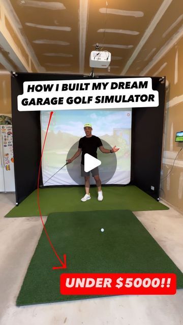 Golficity on Instagram: "Full Build Details ⬇️🔥  PlayBetter SimStudio™ Garage Golf Golf Enclosure * SimStudio10™ : 10’ (W) X 8’6 (H) X 5’4 (D) PlayBetter SimStudio™ Impact Screen * Impact Screen width will match your enclosure Rapsodo MLM 2 Pro Launch Monitor Optoma GT2000HDR 3500 Lumens HD Projector Projector Mounting Bracket 5x5’ Premium Hitting Mat Putting Grass Surface Premium HDMI Cable  Watch the full build on our YouTube Channel (Link in Bio)  #golfer #golfsimulator #golfing #golfswing #golfaddict #diy  Have you pulled the trigger on a Simulator yet???" Small Golf Simulator Room, Golf Simulator In Garage, Garage Golf Simulator Diy, Basement Golf Simulator, Outdoor Golf Simulator, Golf Simulator Shed, Garage Golf Simulator, Diy Golf Simulator, Garage Door Track