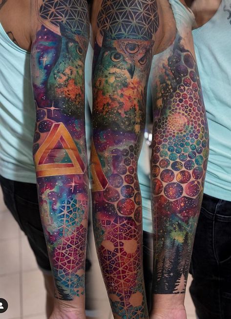 First Class Tattoos | NY | Mikhail Color Geometric Tattoo, Sacred Geometric Tattoo, Black Line Tattoo, Colorful Tattoos, Galaxy Tattoo, Trash Polka Tattoo, 3d Tattoos, Trash Polka, 3d Tattoo