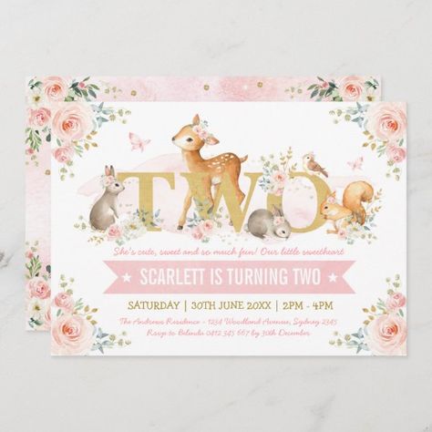 Woodland Animals Pink Gold Floral 2nd Birthday Invitation Woodland 1st Birthday, Girl Woodland, 2nd Birthday Invitations, 1st Birthday Invitation, Girl 2nd Birthday, Birthday Invitations Girl, Pink Invitations, 1st Birthday Invitations, First Birthday Invitations