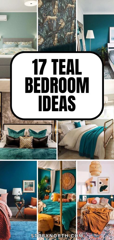 Save this pin for a dose of inspiration on how to refresh your bedroom with trendy teal decor. Discover unique ideas to create a relaxing and stylish sanctuary. #TealBedroom #HomeDecorIdeas Teal Green Accent Wall Bedroom, Teal Black And Gold Bedroom, Bedroom Inspirations Jewel Tones, Sage Green And Teal Bedroom, Teal Painted Walls Bedroom Ideas, Teal Gray Paint Colors, Teal Bedspread Room Ideas, Blue Peacock Bedroom, Brown And Teal Bedroom