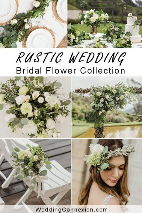 Breath life to your rustic themed wedding with this beautiful bohemian rustic flower collection. A perfect mix of lush green hues that includes soft white roses, and fragrant eucalyptus which is an extremely popular choice to accompany a neutral color scheme. The bridal flower collection includes all your needs of pre-arranged and DIY options. Rustic Greenery Wedding Color Palettes, Rustic Neutral Wedding, Neutral Wedding Color Schemes, Vineyard Wedding Theme, Neutral Wedding Decor, Elegant Wedding Ideas, Wedding Color Scheme, Rustic Wedding Cards, Romantic Rustic Wedding