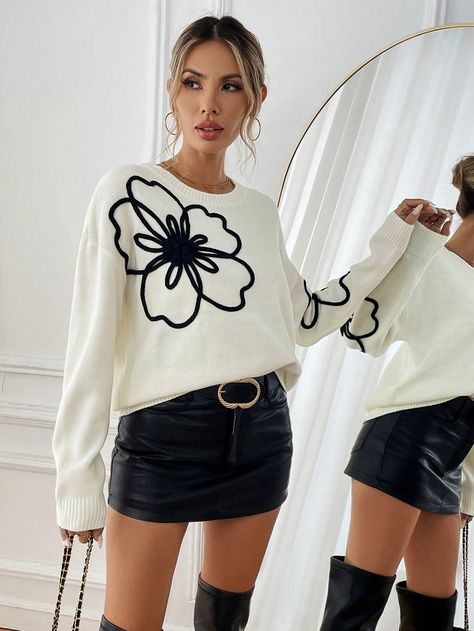 Loose Fit Floral 3D Embroidered Striped Sweater For Women White Casual  Long Sleeve Knitwear Colorblock,Floral,Plants,Butterfly Pullovers Slight Stretch All Women Clothing, size features are:Bust: ,Length: ,Sleeve Length: Apricot Sweater, Pull Oversize, 3d Embroidery, Sweater For Women, Sweatpants Set, Girls Denim, Casual Streetwear, Wide Leg Denim, Striped Sweater