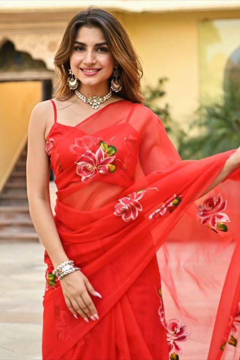 Floral Organza Saree, Saree For Women, Saree Photoshoot, Red Saree, Organza Saree, Indian Attire, Red Fabric, Red Floral, Out Of Style