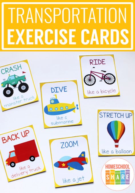 Transportation Exercise Cards – Homeschool Share Transportation Theme Preschool Circle Time, Transportation Movement Cards, Exercise Cards Printable, Transportation Songs, Preschool Transportation, Transportation Preschool Activities, Transportation Theme Preschool, Preschool Construction, Transportation Unit