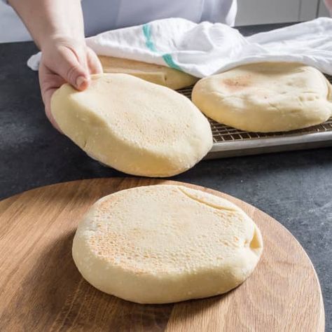 Thick Pita Bread | Cook's Illustrated Homemade Pita Bread, Donut Toppings, Pita Bread Recipe, Cookie Toppings, Oven Rack, Caramel Tart, America's Test Kitchen Recipes, Baking Stone, Kitchen Recipe