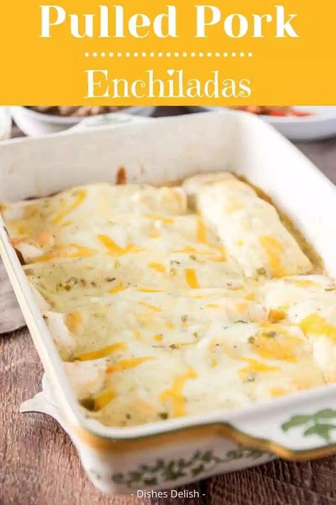 Pulled pork enchiladas are so easy! You use leftover pulled pork. I use two sauces on it but you can use one! The pulled pork is so incredibly tasty and succulent! #pulledpork #enchiladas #mexicanfood #dishesdelish Leftover Pork Loin Enchiladas, Pulled Pork Using Pork Chops, Leftover Pulled Pork Recipes Enchiladas, Enchiladas Pork Easy, Shred Pork Recipes, Things To Do With Leftover Pulled Pork, Shredded Pork Enchiladas Easy, Leftover Pork Enchiladas, Leftover Pulled Pork Enchiladas