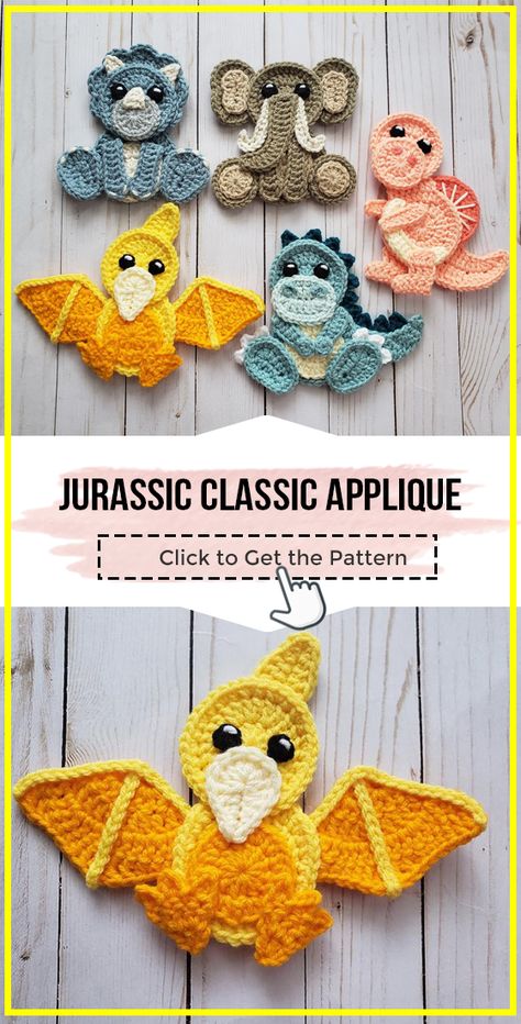 crochet Crochet Jurassic Classic Applique easy pattern - Easy Crochet Applique Pattern for Beginners. Click to Try the Pattern #Applique  #crochetpattern #crochet via @shareapattern.com Leg Warmers Crochet Pattern, Yarn Crafts For Kids, Crochet Dinosaur Patterns, Crochet Applique Patterns Free, Butterfly Tutorial, Crochet Flowers Easy, Crochet Dinosaur, Crochet Butterfly, Crochet Elephant