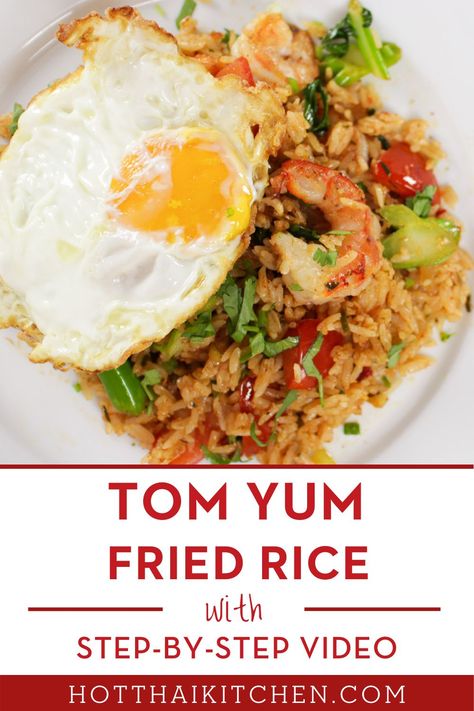 Breakfast idea! This fried rice packs a punch! The beloved herbs and seasonings of Thai tom yum soup are added to this easy fried rice. Top it with a fried egg and few dishes are more delicious. Tom Yum Rice Recipe, Tom Yum Fried Rice Recipe, Asian Breakfast Recipes, Tom Yum Fried Rice, Thia Food, Rice Toppings, Hot Thai Kitchen, Thai Tom Yum Soup, Gluten Free Asian Recipes