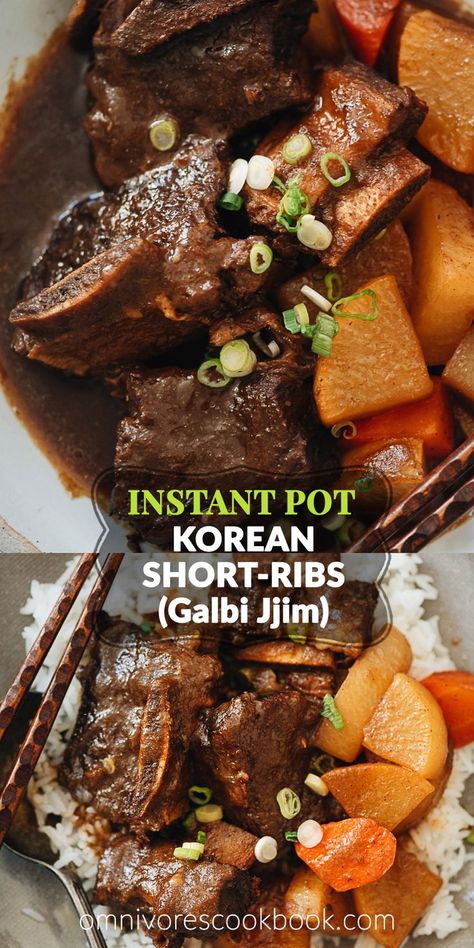 This Instant Pot short ribs recipe helps you create authentic Korean flavors with fork-tender braised beef swimming in a savory yet sweet and fruity sauce. It’s perfect for any night of the week! I also included a bonus recipe teaching you how to use the leftovers to make 10-minute noodle soup. {Gluten-Free Adaptable} Korean Style Short Ribs, Korean Braised Short Ribs, Galbi Jjim, Ribs Recipes, Asian Noodle, Short Ribs Recipe, Easy Chinese Recipes, Ribs Recipe, Beef Short Ribs