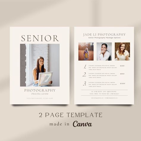 Senior Photography Pricing List| Senior Pricing Guide Sheet Template|Photographer Price Guide Canva Photography Studio Names, Pricing List, Photography Price List, Pricing Guides, Pricing Guide, Sheet Template, Branding Template, Photography Pricing, Photography Packaging