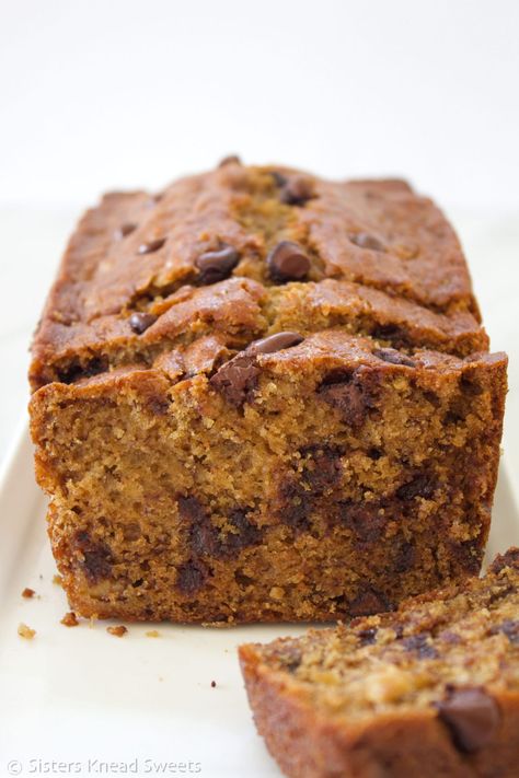 The BEST Chocolate Chip Banana Bread | Sisters Knead Sweets Chocolate Chip Recipes Easy, Best Chocolate Chip Banana Bread, Choc Chip Banana Bread, Best Banana Bread Ever, Super Moist Banana Bread, Chocolate Chip Banana Bread Recipe, Banana Bread Loaf, The Best Banana Bread, Breakfast Cookies Healthy