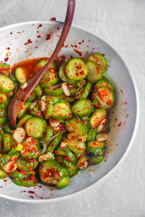 Quick Cucumber Kimchi - Unconventional Cooks Cucumber Kimchi Recipe, Korean Cucumber Salad, Korean Cucumber, Cucumber Kimchi, Outdoor Cooking Recipes, Fresh Cucumber, Korean Side Dishes, Kimchi Recipe, Dishes To Make