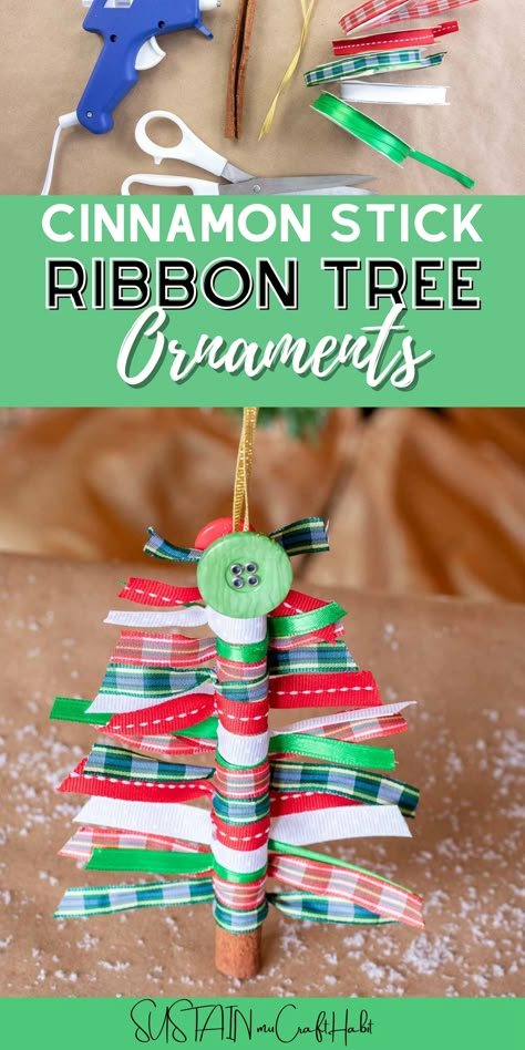 Crafts With Christmas Ribbon, Cinnamon Stick Christmas Ornaments, Cinnamon Stick Christmas Tree, Ribbon Christmas Tree Ornament, Cinnamon Christmas Tree, Christmas Tree Cinnamon Stick, Tree Ornaments Diy Kids, Ribbon Christmas Ornaments Kids, Cinnamon Stick Crafts