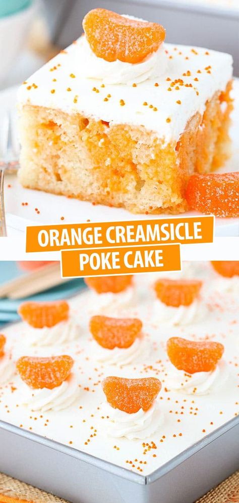 This Orange Creamsicle Poke Cake is made with a homemade vanilla cake that’s soaked with a mix of sweetened condensed milk and orange Jello powder. It’s topped with vanilla whipped cream for the perfect orange creamsicle cake recipe! Creamsicle Poke Cake, Orange Creamsicle Cake Recipe, Creamsicle Cake, Weight Watcher Desserts, Cake Orange, Orange Jello, Orange Cake Recipe, Poke Cake Recipes, Brownie Desserts