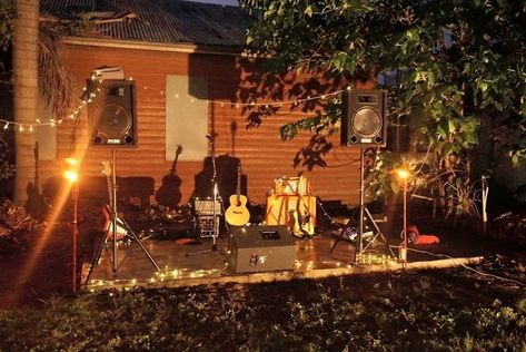 Backyard Concert Party, Backyard Concert Ideas, Backyard Karaoke Party, Outdoor Concert Stage Design, Backyard Stage, Concert Decorations, Gladstone Australia, Backyard Concert, House Concert