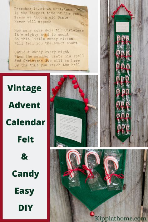 Easy and inexpensive Advent Calendar for kids. Felt craft with candy canes easy DIY Christmas craft. Vintage style from the 1960's. The kids will love to keep track so they know how much longer they have to wait until Christmas. It was my Grandmother's creation for her grandchildren so easy and budget friendly you can make one for everyone. Great Christmas gift for anyone on your list. #adventcalendar #kippiathome #vintagechristmas #christmas #feltcrafts Vintage Felt Advent Calendar, Candy Cane Advent Calendar Diy, Candy Cane Countdown To Christmas, Candy Cane Advent Calendar, Childrens Advent Calendar, Advent Calendar For Kids, Candy Advent Calendar, Candy Ribbon, Calendar Vintage