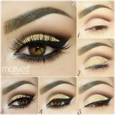 INSTAGRAM @auroramakeup  Products MOTIVESCOSMETICS avalilable in :  http://www.motivescosmetics.com/  and  http://global.shop.com/  STEP1. // PASO1. Apply Eye Shadow Base  Draw your socket line with Khol Eyeliner in COFFEE , blend it out and set it with Pressed Eye Shadow in HOT CHOCOLATE. Aplica la Prebase de Sombras Dibuja la linea del globo ocular con el delineador cafe oscuro COFFE , sella y difuminalo con la sombra cafe oscuro HOT CHOCOLATE   STEP2. // PASO2. Draw a line where will be your Eye Makeup For Brown Eyes, Gold Glitter Eyeshadow, Glitter Makeup Tutorial, Khol Eyeliner, Golden Eyeshadow, Dramatic Wedding Makeup, Dramatic Smokey Eye, Make Up Gold, Dramatic Eye Makeup