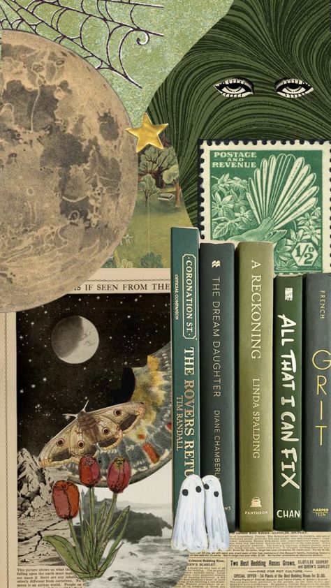 Green Astrology Aesthetic, Green Aesthetic Vintage, Aesthetic Moon, Moodboard Collage, Music Books, Collage Vintage, Moon Signs, Moon Stars, Art Journal Pages