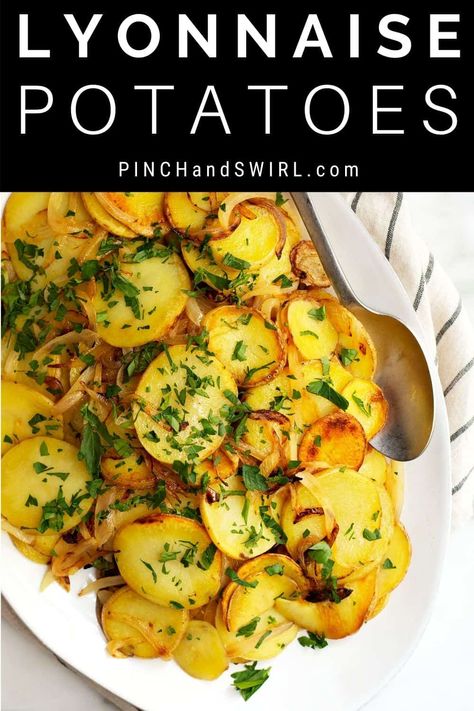 Parisian Dinner Recipe, French Roasted Potatoes, Potatoes Lyonnaise Recipe, French Style Potatoes, Potato Lyonnaise Recipe, Lyonaisse Potatos, Classic French Dishes Dinners, French Dinners Easy, French Shrimp Recipe