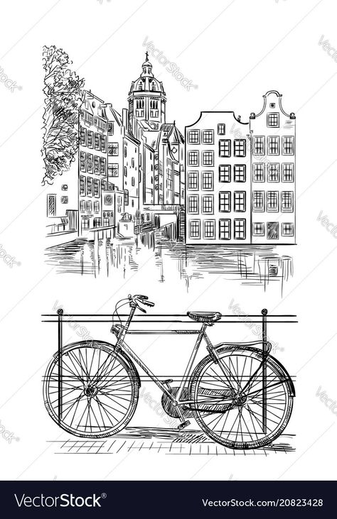 Amsterdam Outline, Amsterdam Sketch, Amsterdam Landscape, Amsterdam Drawing, Windmill Drawing, Amsterdam Bike, Bike Drawing, Amsterdam Canals, Travel Theme