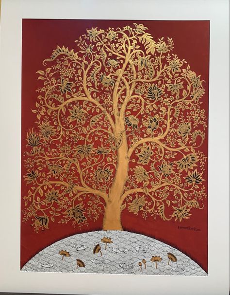 Tree Of Life Madhubani, Kalpavruksh Tree, Unique Wall Decor Ideas Creative, Pichwai Wallpaper, Tree Of Life Wall Decor, Warli Paintings, Tree Of Life Artwork, Phad Painting, Dining Wall