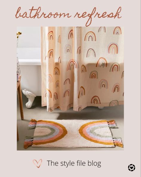 Muted colors -Rainbow bathroom decor. Bath mat. Shower curtain. Boho bathroom. Shop your screenshot of this pic with the LIKEtoKNOW.it shopping app 👉 Tammy Thomas http://liketk.it/38SB9 @liketoknow.it #liketkit #StayHomeWithLTK #LTKstyletip #LTKhome Rainbow Bathroom, Rainbow Shower Curtain, Rainbow Fringe, Cute Bath Mats, Symmetrical Design, Bathroom Rugs Bath Mats, Boho Bathroom, Bathroom Refresh, Girls Bathroom