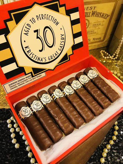 Twix Cigars Party Ideas, Cigars Theme Party, Gatsby Party For Men, 30th Birthday Great Gatsby Theme, 30th Great Gatsby Birthday, Great Gatsby 30 Birthday Party, Roaring 60s Party, Grate Gatsby Outfits, Gatsby Themed Party Food