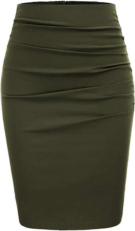 Green Pencil Skirt Outfit, Olive Green Skirt, Green Pencil Skirts, Business Skirt, Pencil Skirt Outfits, Ruched Skirt, Womens Pencil Skirts, Body Con Skirt, Office Fashion