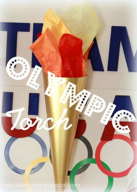 Easy Olympic Torch - Gold poster board with tissue paper. Olympic Vbs, Olympic Decorations, Olympic Bulletin Board, Olympic Torch Craft, Vbs Olympics, Blackberry Vine, Preschool Olympics, Field Games, Office Olympics