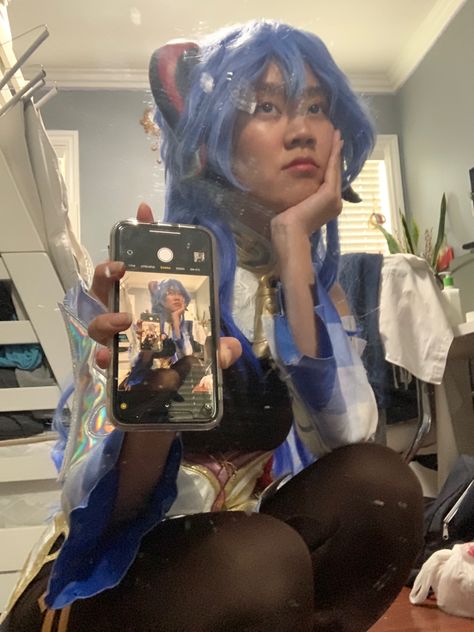 ganyu cocogoat cosplay • genshin impact ganyu • open parasol pose inspo • cosplay pose inspiration • ganyu pose inspiration • squat • dokidoki sr ganyu • dreamy mirror selfie • no makeup oops